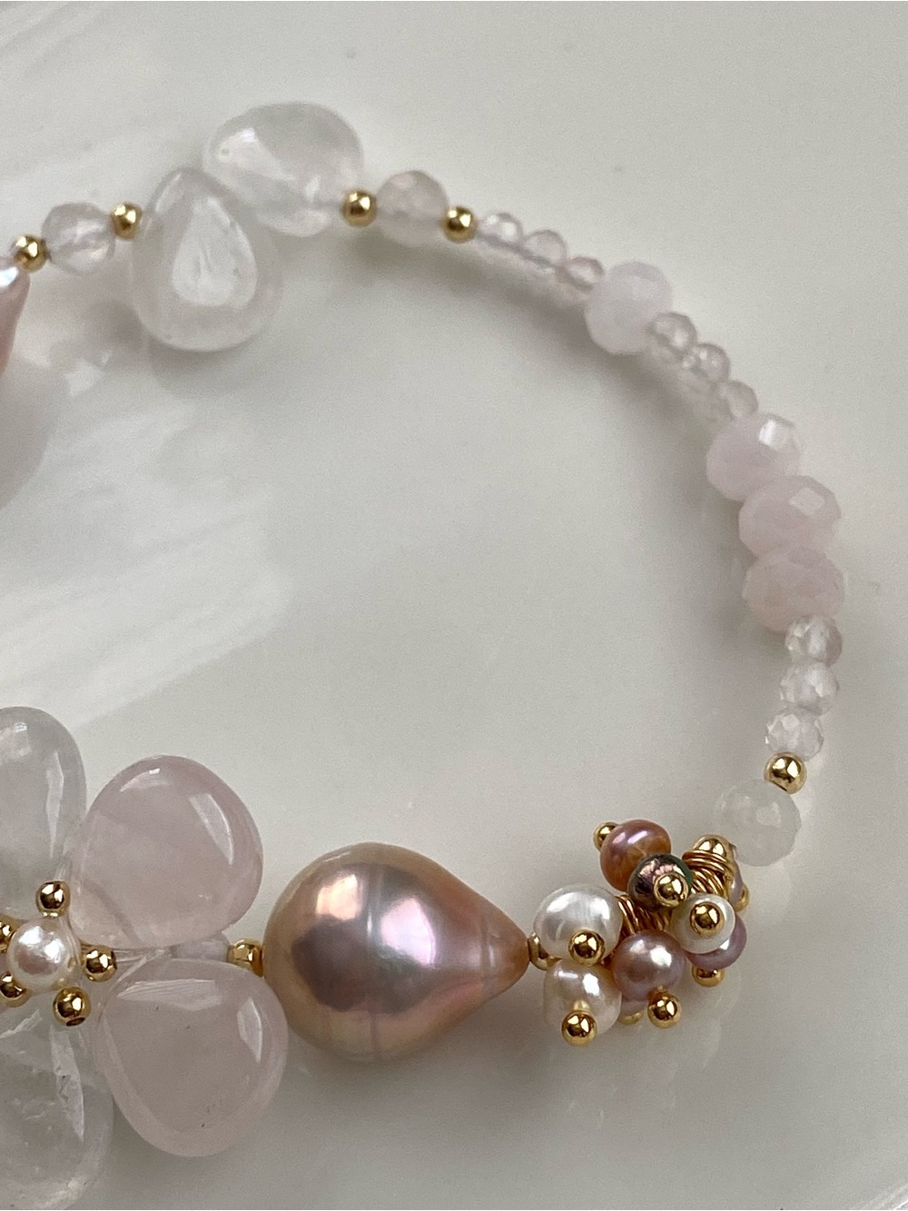B178-Handmade Rose Quartz Flower And Pink Edsion Pearl Butterfly Bracelet - Picture 6 of 6
